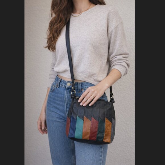 Vintage Handbags - Vintage Black Multi-Color Leather Crossbody Bag
